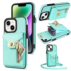 Zipper Pocket Case for iPhone 15 Plus , Card Slots PU Leather Coated TPU Kickstand Phone Cover - Green