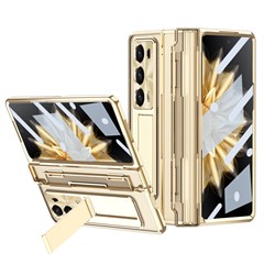 For Honor Magic V2 5G Hard PC Phone Case Folding Kickstand Full Body Protection Cover with Tempered Glass Film - Gold