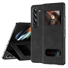 For Samsung Galaxy Z Fold5 5G View Window Phone Case Nappa Texture PU Leather + PC Stand Cover - Black