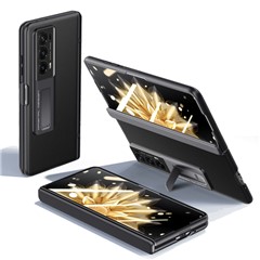 For Honor Magic V2 5G PU Leather + PC Kickstand Phone Case Hinge Protection Skin-touch Cover with Clear Tempered Glass Film - Black