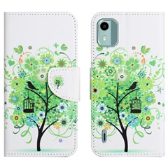 For Nokia C12 4G / C12 Pro / C12 Plus Leather Wallet Case Pattern Printing Cross Texture Phone Stand Cover - Green Tree