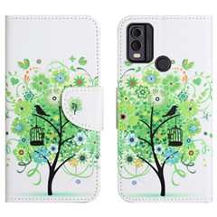 For Nokia C32 / C22 Cross Texture Phone Leather Case Wallet Stand Pattern Printing Phone Cover - Green Tree