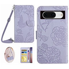 HT03 For Google Pixel 8 PU Leather Wallet Case Imprinted Flip Stand Cover with Shoulder Strap - Purple