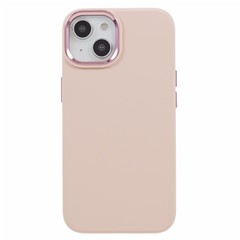 Liquid Silicone+PC Phone Case for iPhone 15 , Aluminum Alloy Camera Frame Back Cover - Pink