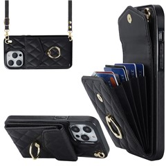 For iPhone 15 Pro RFID Blocking Back Case Multiple Card Slots PU Leather+TPU Phone Cover with Ring Kickstand - Black