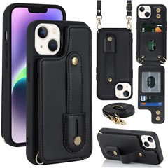 Kickstand Case for iPhone 15 Plus Card Slots PU Leather Coated TPU Phone Cover with Shoulder Strap - Black