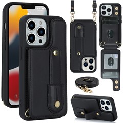 For iPhone 15 Pro PU Leather Coated TPU Phone Cover Card Slots Kickstand Case with Shoulder Strap - Black