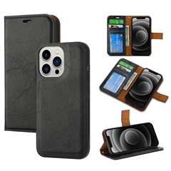 Crazy Horse Texture Wallet Stand Leather Case for iPhone 15 Detachable 2-in-1 Magnetic Absorption Phone Cover - Black