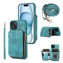 Kickstand Leather Coated TPU Case for iPhone 15 Plus , Zipper Wallet Cell Phone Cover - Green