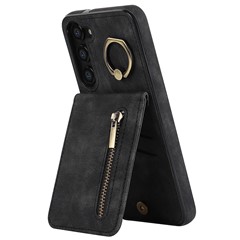 RFID Blocking Kickstand Phone Case for Samsung Galaxy S23+ Retro PU+TPU Zippered Wallet Phone Cover - Black