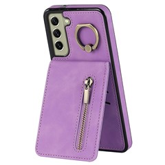 Retro PU+TPU Kickstand Case for Samsung Galaxy S22 5G RFID Blocking Phone Cover with Zippered Wallet - Purple