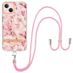 For iPhone 15 Plus Back Cover with Shoulder Strap Flower Pattern Electroplating TPU Case - HC005 Pink Gardenia