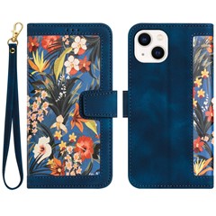 Card Slots Stand Phone Cover for iPhone 15 Plus , Flower Pattern Printing PU Leather Phone Case - Dark Blue