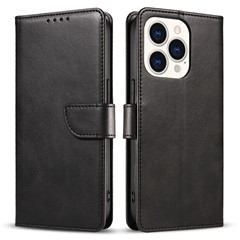For iPhone 15 Pro Max Calf Texture Stand Shell Cell Phone Case Wallet PU Leather+TPU Phone Cover - Black