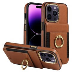 For iPhone 15 PU Leather+TPU Phone Case Card Slots RFID Blocking Kickstand Cover - Brown