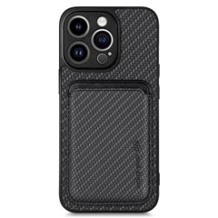 Detachable Magnetic Card Holder Phone Case for iPhone 15 Pro , Carbon Fiber PU Leather Coated PC+TPU Cover - Black
