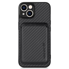 Carbon Fiber Phone Case for iPhone 15 , Leather+PC+TPU Cover with Detachable Magnetic Card Holder - Black