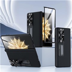 For Honor Magic V2 5G PC + PU Leather Phone Case Hinge Design Kickstand Cover with Tempered Glass Film