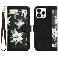 PU Leather Phone Stand Case for iPhone 14 Pro , Card Holder Flower Pattern Printing Phone Cover - Black