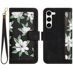 For Samsung Galaxy S23 Flower Pattern Printing Leather Case Phone Cover with Card Slots Stand - Black