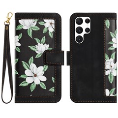 For Samsung Galaxy S23 Ultra PU Leather Case Flower Pattern Printing Card Holder Phone Stand Cover - Black