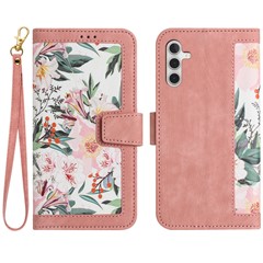 For Samsung Galaxy A14 4G / 5G Phone Case Flower Pattern Printing PU Leather Stand Cover with Card Holder - Pink