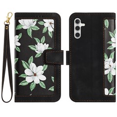 For Samsung Galaxy A34 5G Phone Case Flower Pattern Printing Stand Leather Cover with Card Slots - Black