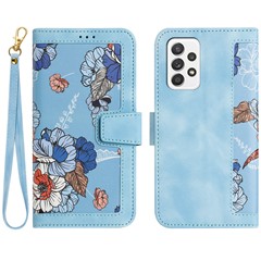 For Samsung Galaxy A33 5G PU Leather Phone Cover Card Slots Stand Case with Flower Pattern Printing - Baby Blue