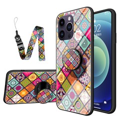 For iPhone 15 Pro Max Flower Pattern Kickstand Case Tempered Glass+PC+TPU Phone Cover with Lanyard - Color Pattern