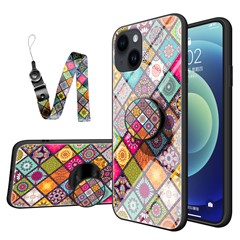 For iPhone 15 Tempered Glass+PC+TPU Case Flower Pattern Phone Kickstand Cover with Lanyard - Color Pattern