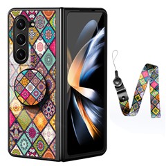 For Samsung Galaxy Z Fold5 5G Shockproof Flower Back Cover Tempered Glass+PC+TPU Kickstand Phone Case with Lanyard - Color Pattern