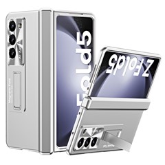 For Samsung Galaxy Z Fold5 5G Hinge Protection Phone Case Electroplating PC Phone Cover with Kickstand - Silver