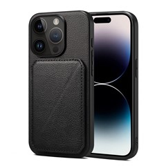 Protective Phone Case for iPhone 15 Pro Card Slot Kickstand Case Calf Texture PU+PC+TPU Phone Cover - Black