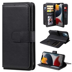 For iPhone 15 Leather Case with 10 Card Holder Phone Cover Stand - Black