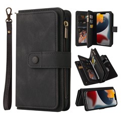 For iPhone 15 Zipper Wallet Case with 15 Card Slots and Strap Leather Phone Cover - Black