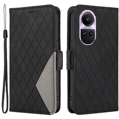 For Oppo Reno10 5G (Global) / Reno10 Pro 5G (Global) Splicing Wallet Phone Case Rhombus Imprinted Leather Stand Cover - Black