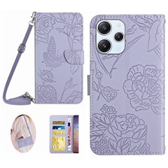 HT03 For Xiaomi Redmi 12 5G (Global) / Poco M6 Pro 5G Leather Wallet Phone Case Imprinted Folding Stand Cover with Shoulder Strap - Purple