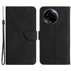 HT05 For Realme 11x 5G / 11 5G (Global) Imprinted Line Leather Phone Case Wallet Stand Phone Cover - Black