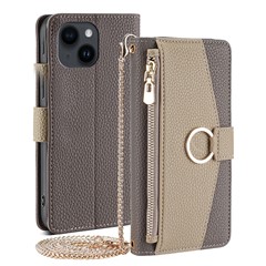 For iPhone 15 Plus Ring Holder Cell Phone Case PU Leather Wallet Stand Cover with Makeup Mirror / Shoulder Strap - Grey