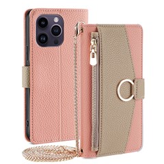 For iPhone 15 Pro Max PU Leather Wallet Case Stand Ring Holder Protective Phone Cover with Makeup Mirror / Shoulder Strap - Pink