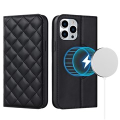 For iPhone 15 Pro PU Leather Stand Cover Card Holder RFID Blocking Phone Case Compatible with Magsafe - Black