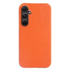 For Samsung Galaxy A54 5G Shock-absorbing Phone Case Genuine Cow Leather Coated PC Shell - Orange
