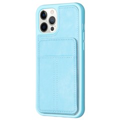 BF28 Kickstand Case for iPhone 15 Pro Max , Matte PU Leather Coated TPU Phone Back Protector Cover with Card Holder - Blue