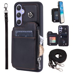 009 For Samsung Galaxy A54 5G RFID Blocking Zipper Wallet Protective Case PU Leather+TPU Kickstand Phone Cover with Straps - Black