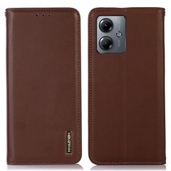KHAZNEH Genuine Cow Leather Phone Case for Motorola Moto G14 4G RFID Blocking Wallet Stand Cover - Brown