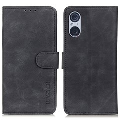 KHAZNEH For Sony Xperia 5 V Retro Wallet Phone Cover Anti-fingerprint Leather Stand Case - Black