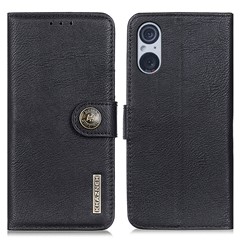 KHAZNEH For Sony Xperia 5 V Cowhide Texture Shockproof Case PU Leather Stand Wallet Phone Cover - Black