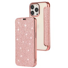 Card Holder Stand Case for iPhone 15 , Glitter Powder PU Leather+TPU Transparent Phone Cover - Rose Gold