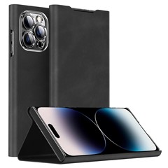 For iPhone 15 Pro Max Card Holder Phone Case Nappa Texture PU Leather + PC Stand Phone Cover - Black