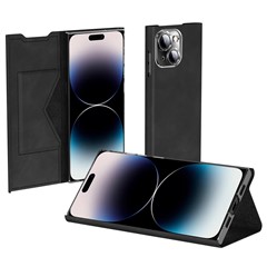 Phone Case with Card Slot for iPhone 15 , Nappa Texture PU Leather + PC Stand Cover - Black